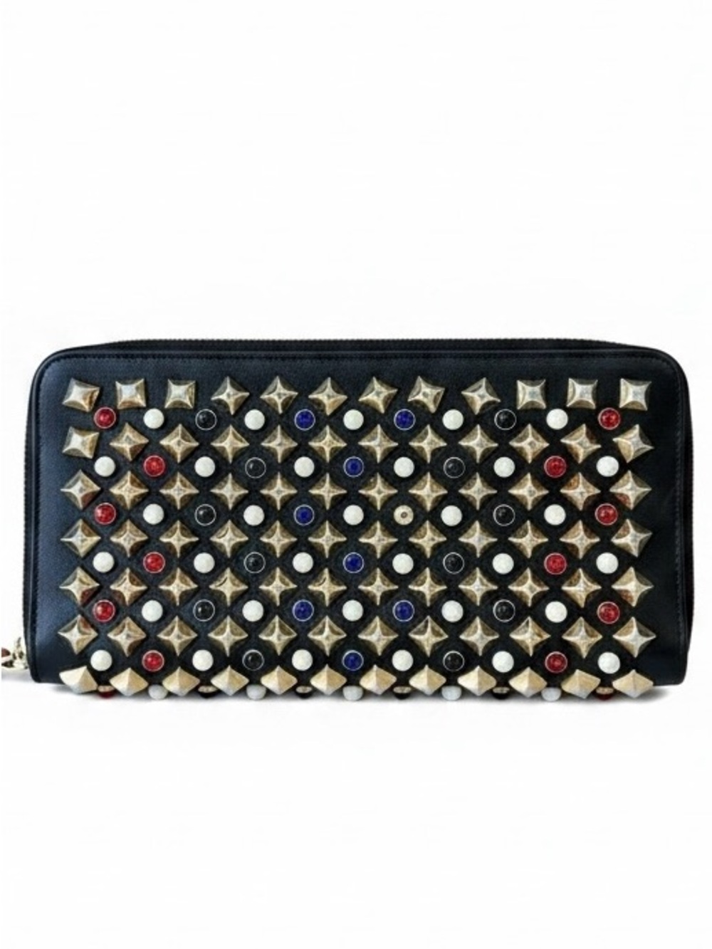 CHRISTIAN LOUBOUTIN Panetonne Spike Wallet Black Leather w/Gems & Pearls Tudor